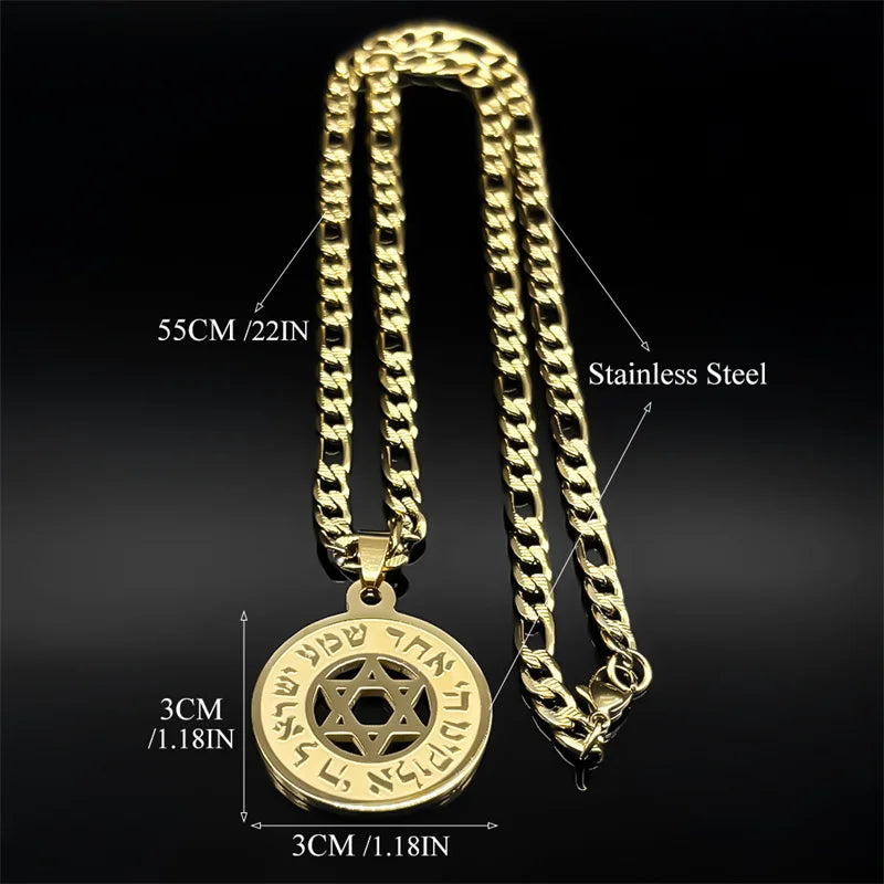 Hebrew Star of David Pendant Necklace for Women Men Stainless Steel Gold Color Jewish Bless Hip Hop Chain Amulet Jewelry Gift