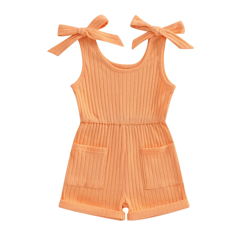 Pudcoco Toddler Kids Baby Girls Sleeveless Romper Solid Color Ribbed Bodysuit Summer Clothes with Pockets 6M-4T