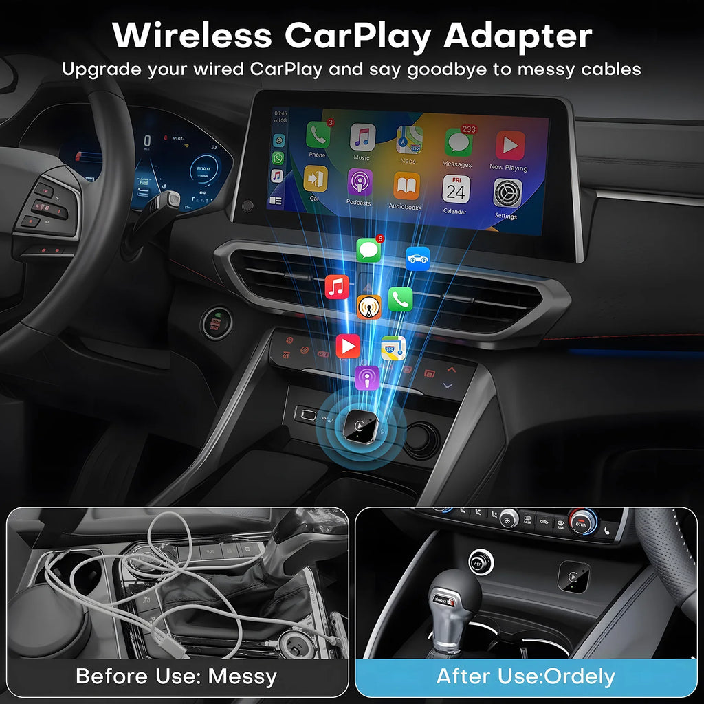 USB C Upgraded 2-in-1 Wireless CarPlay & Android Auto Adapter, Plug & Play Compatible with iPhone & Android Smartphones.