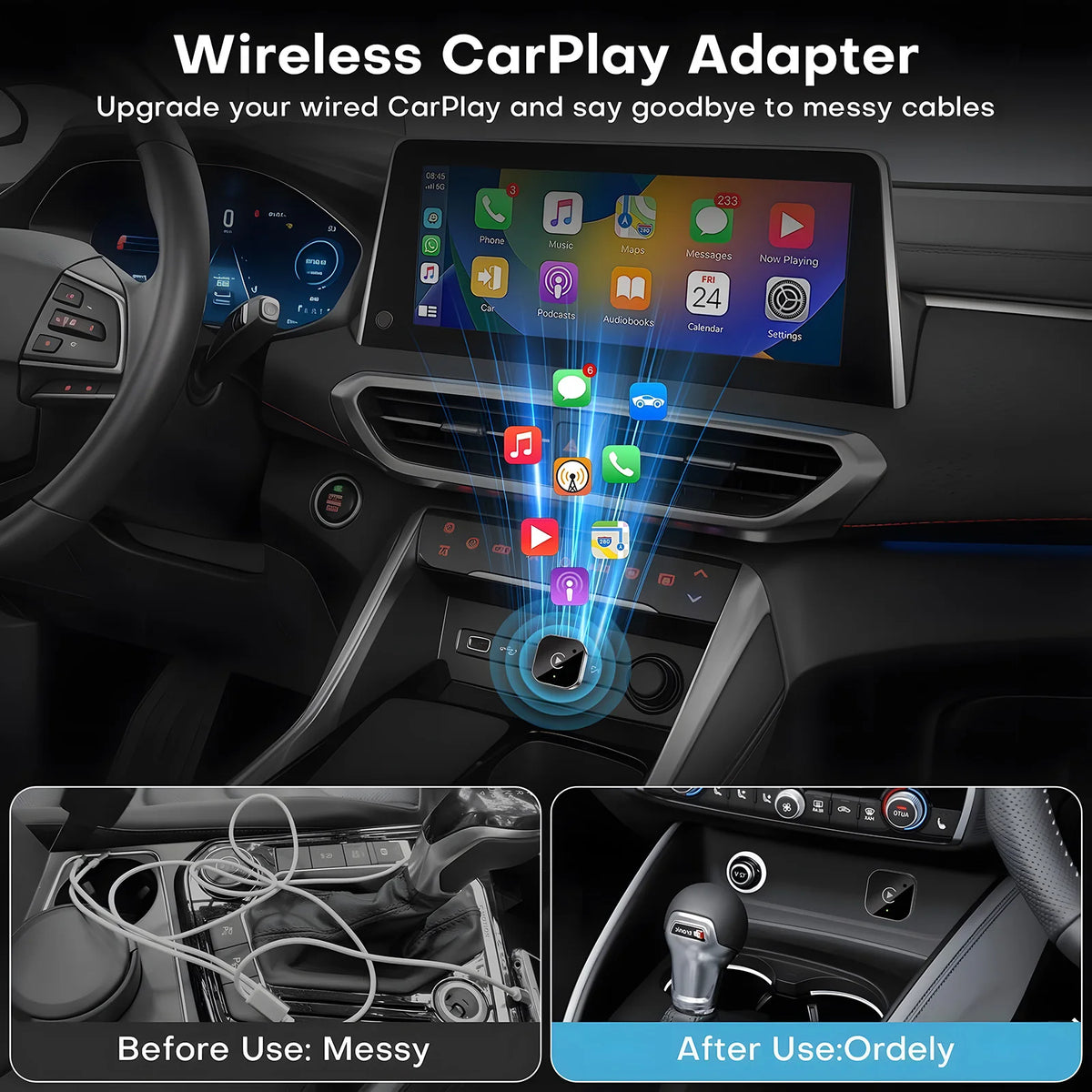 USB C Upgraded 2-in-1 Wireless CarPlay & Android Auto Adapter, Plug & Play Compatible with iPhone & Android Smartphones.