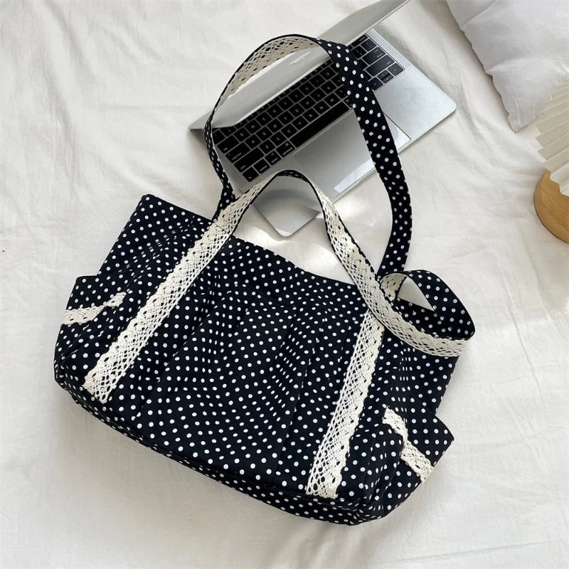 Women Niche Sweet Lace Shoulder Bag Korean Style Vintage Polka Dot Canvas Handbag Large Capacity Multi Pocket Commuting Tote Bag
