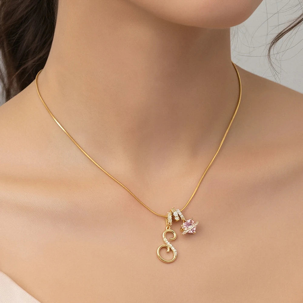 Fashion Letter Necklace Pink for Women  Zircon Heart Pendant Suitable for Personalized Stainless Steel Luxury Jewelry for Girls