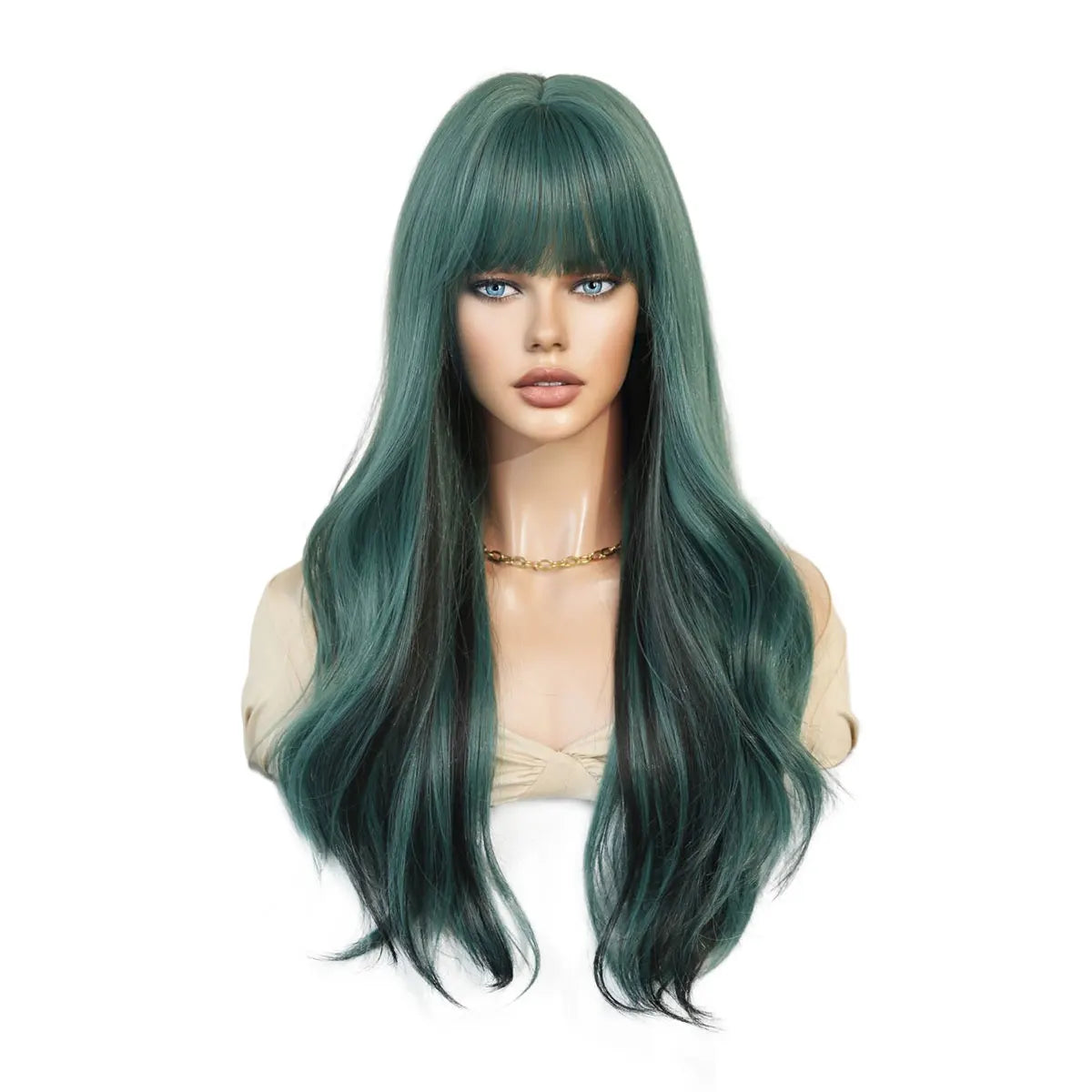 7JHH WIGS Long Wavy Curly Black Blonde Wig for Women Natural Highlight Synthetic Blend Wigs with Bangs Heat Resistant Hair Wig