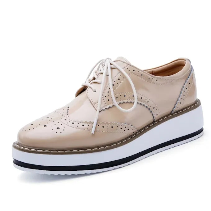 EOFK Spring Autumn Women Derby Platform Flats Brogue Leather Lace up Classic Bullock Footwear Gold Female Oxford Shoes Lady