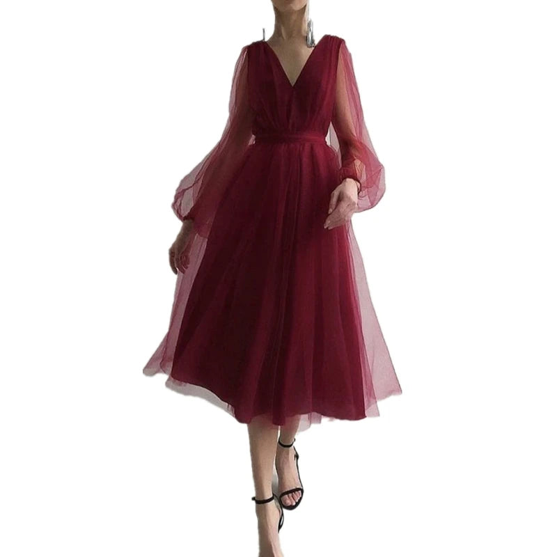 Elegant Women Mesh Fairy Party Dress Sexy Fashion Long Sleeve V Neck Corset Slim Fit Graduation Guest Evening Dress Robe