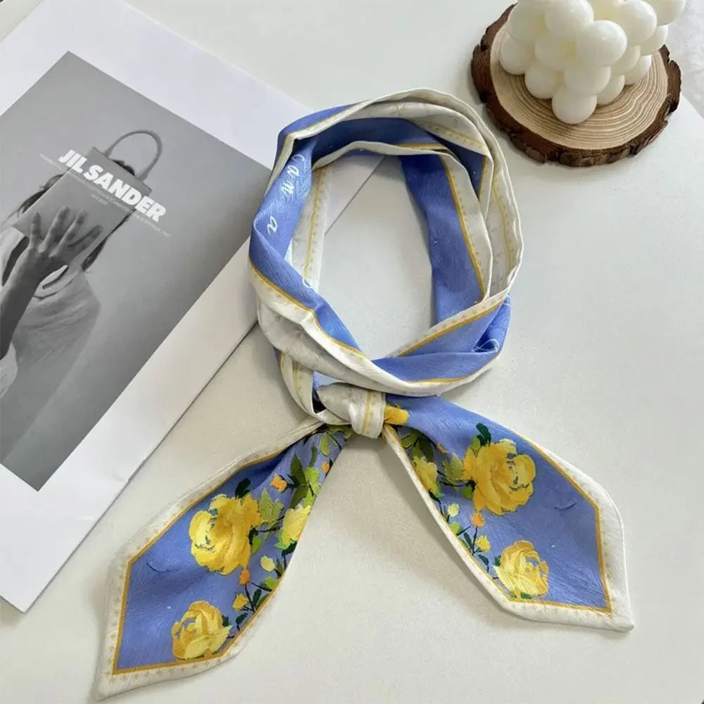Summer Versatile Satin Silk Ribbon Scarf Long Thin Narrow Bag Strap Fresh Floral Hair Tie for Women
