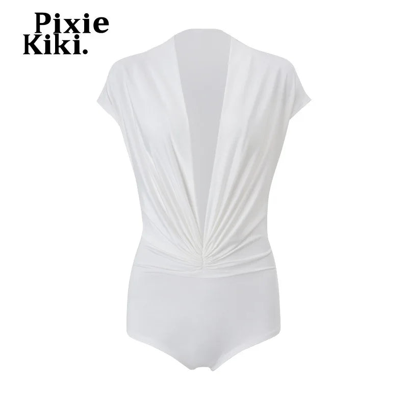 PixieKiki Sexy White Summer Rompers Deep V Neck Short Sleeve Jumpsuits One Pieces Outfits Korean Fashion Playsuit Woman P71-CZ16