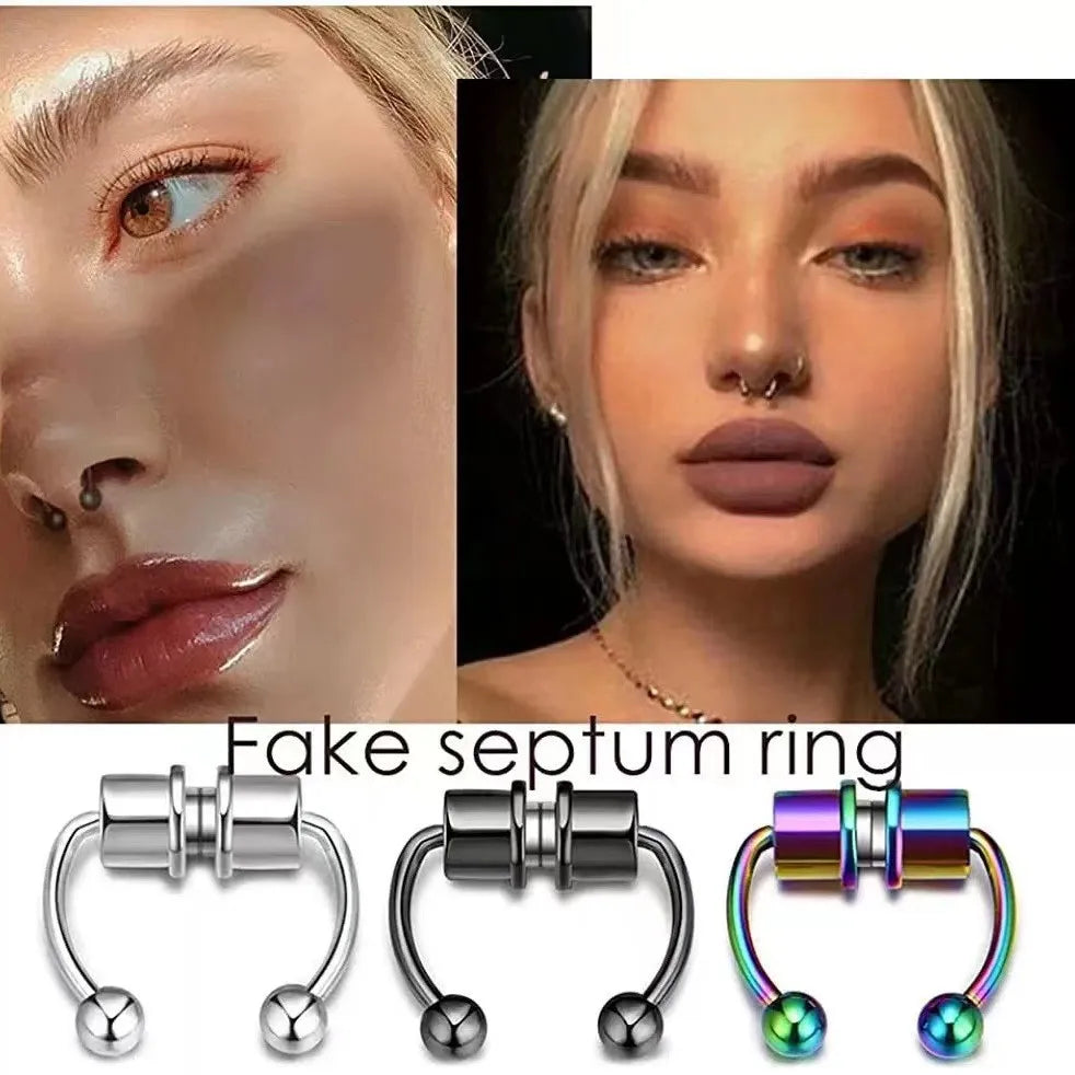 Women Fake Piercing Nose Ring Hoop Septum Piercing Nose Clip Rock HipHoop Stainless Steel Magnet Fashion Body Jewelry Wholesale