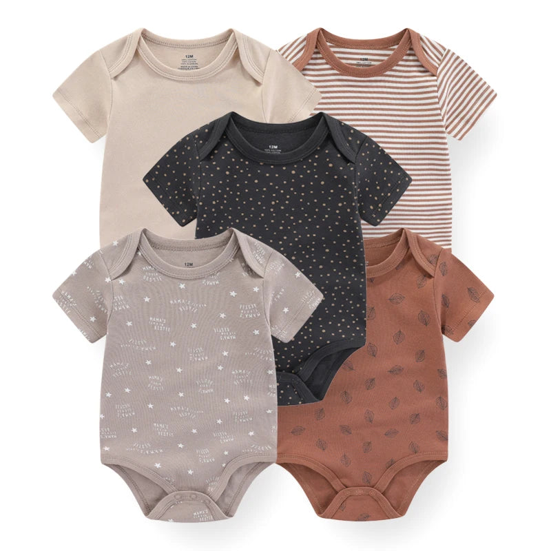 Newborn Bodysuits Unisex 5Pieces Baby Girl Clothes Solid Color Cotton Baby Boy Clothes Set Cartoon Print Summer Bebes
