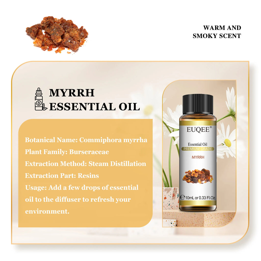 EUQEE 10ml Oregano Vetiver Essential Oil For Humidifier Candle Making Myrrh Ginger Helichrysum Lemon  Rose Eucalyptus Aroma Oils