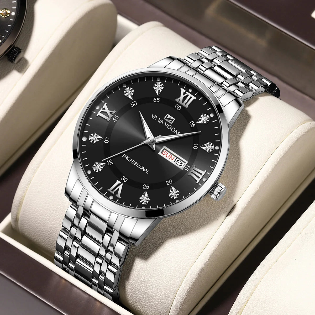 VA VA VOOM Top Brand Luxury Men Watch Week Quartz Movement Business Clock Black Stainless Steel 3Bar Waterproof Couple Men Watch