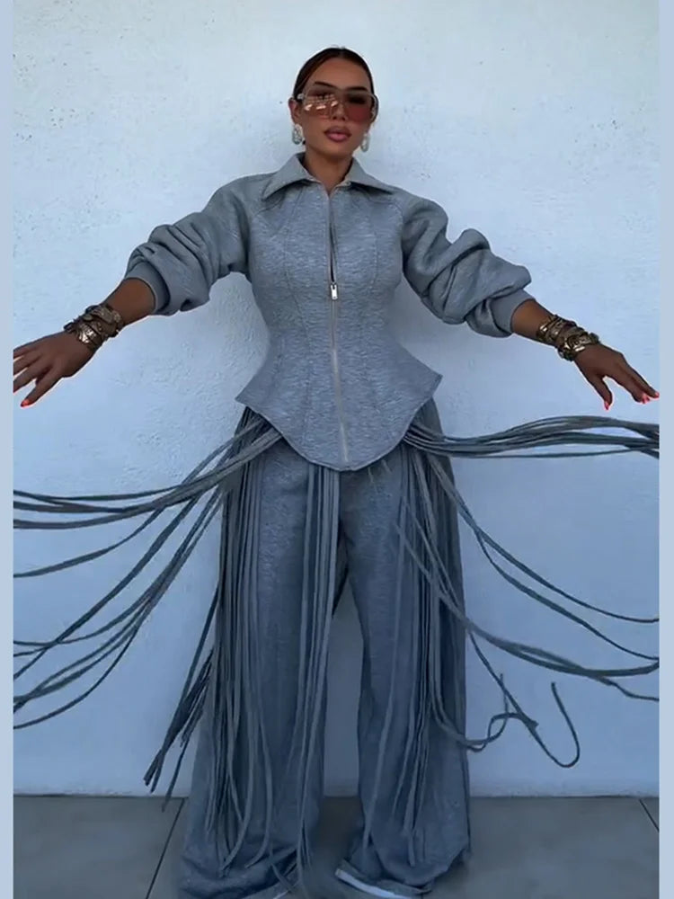 Fashion Tassels Hem Women's Coat Trouser Suit Long Sleeve Waist-Closed Turn-Down Collar Wide Leg Pant 2026 Autumn Chic Lady Set