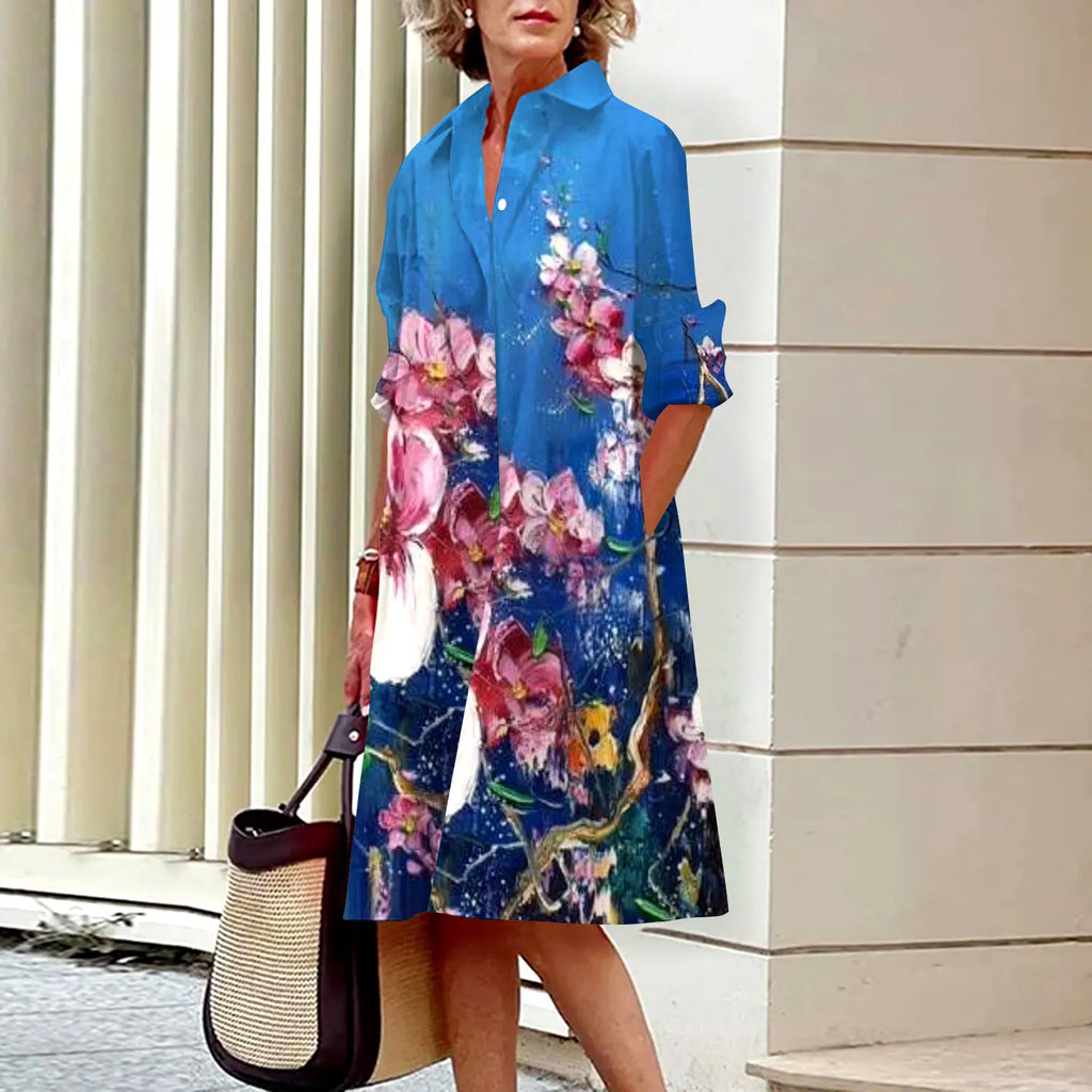 Summer New Women's Dresses Crushed Floral Long Sleeve Lapel Midi Luxury Women's Street Women's Shirt Pocket Temperament 2023