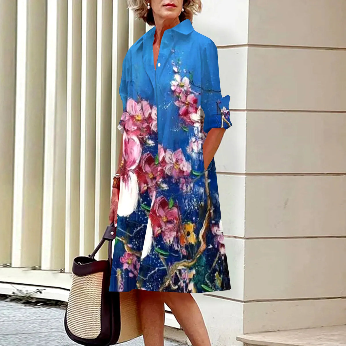 Summer New Women's Dresses Crushed Floral Long Sleeve Lapel Midi Luxury Women's Street Women's Shirt Pocket Temperament 2023
