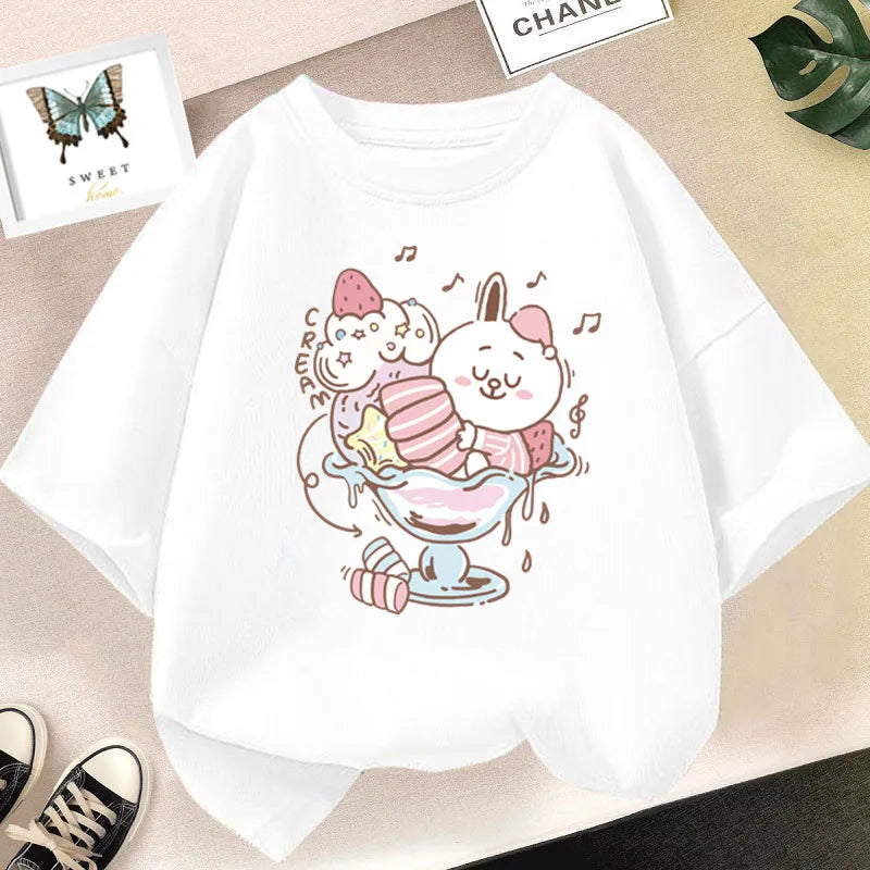 Strawberry Juice Graphic Print T-shirt Girls Aesthetic Pink Tops Tee 2023 Summer New Fashion Kids T Shirt