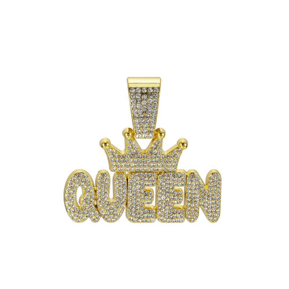 Men's Hip Hop Crown with QUEEN Letter Pendant Necklace For Women Crystal Cuban Chain Iced Out Bling Necklaces Rock Biker Jewelry