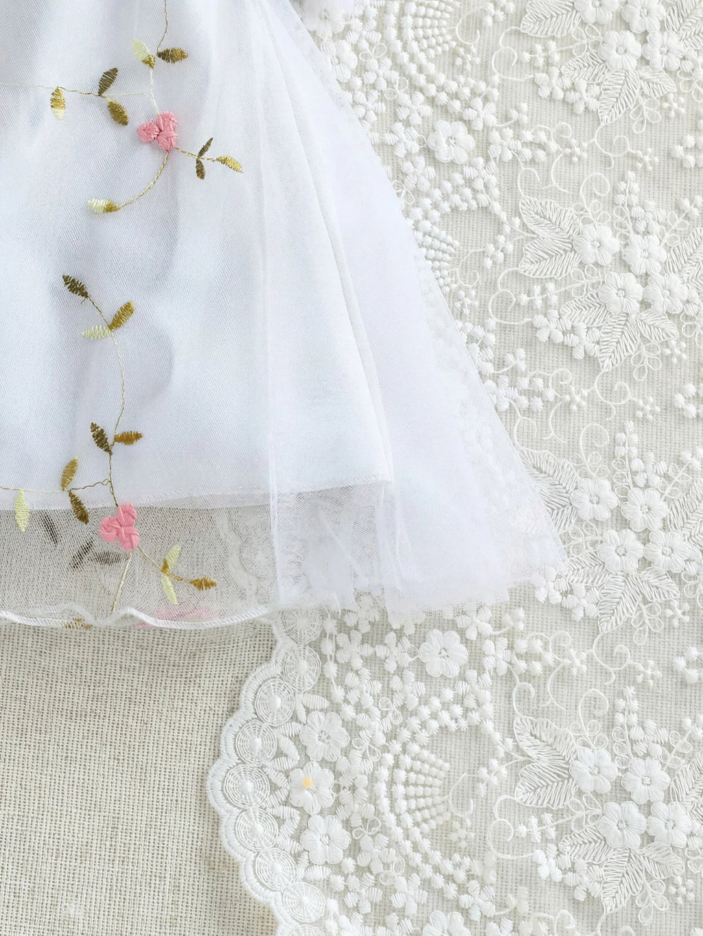 Toddler Fly Sleeve Floral Embroidery Tulle Dress Infant Birthday Princess Outfit