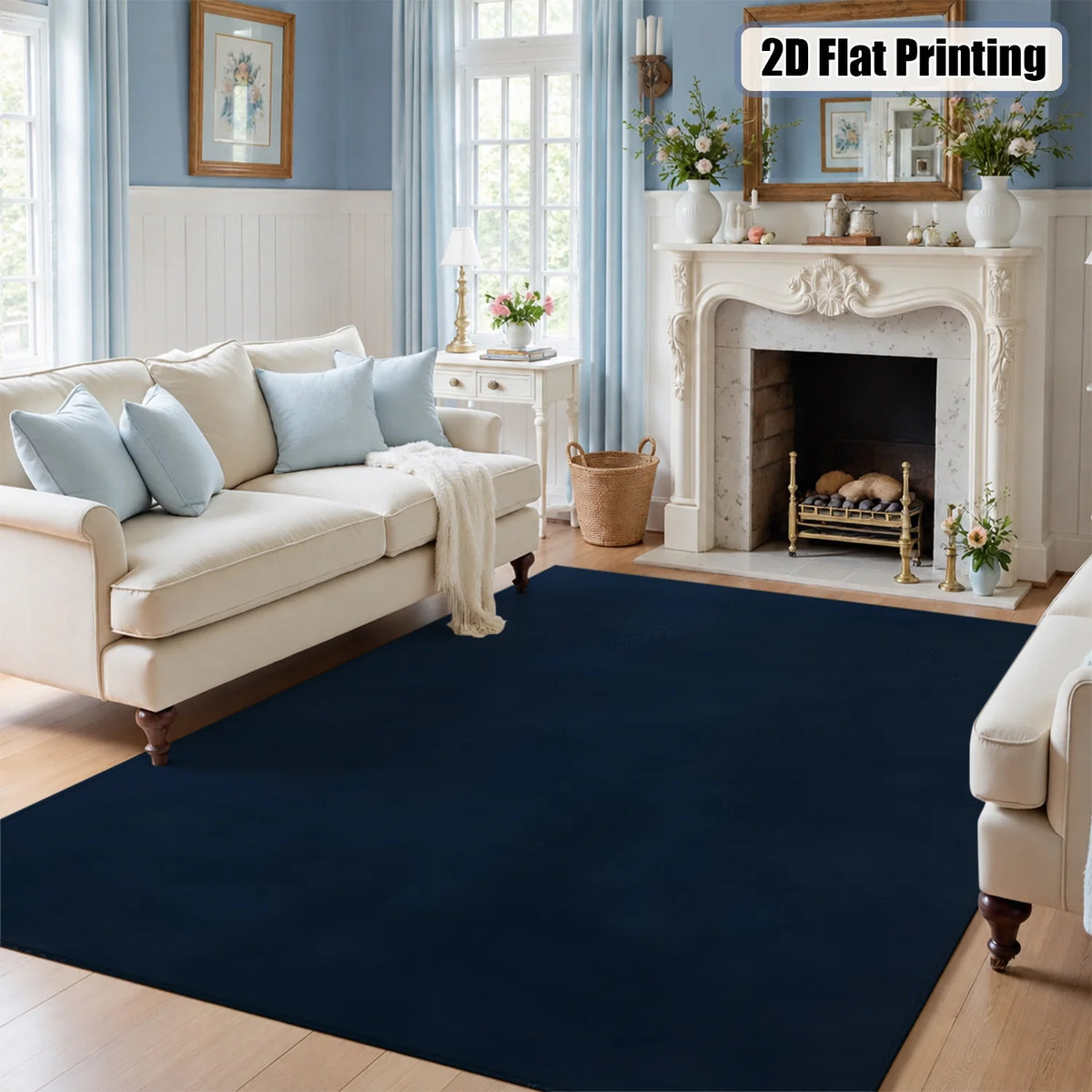 Large Navy Blue Velvet Low Pile Area Rug, Non-slip Dotted Backing, Machine Washable Soft Indoor Rug for Living Room, Bedroom, Home Floor Decor