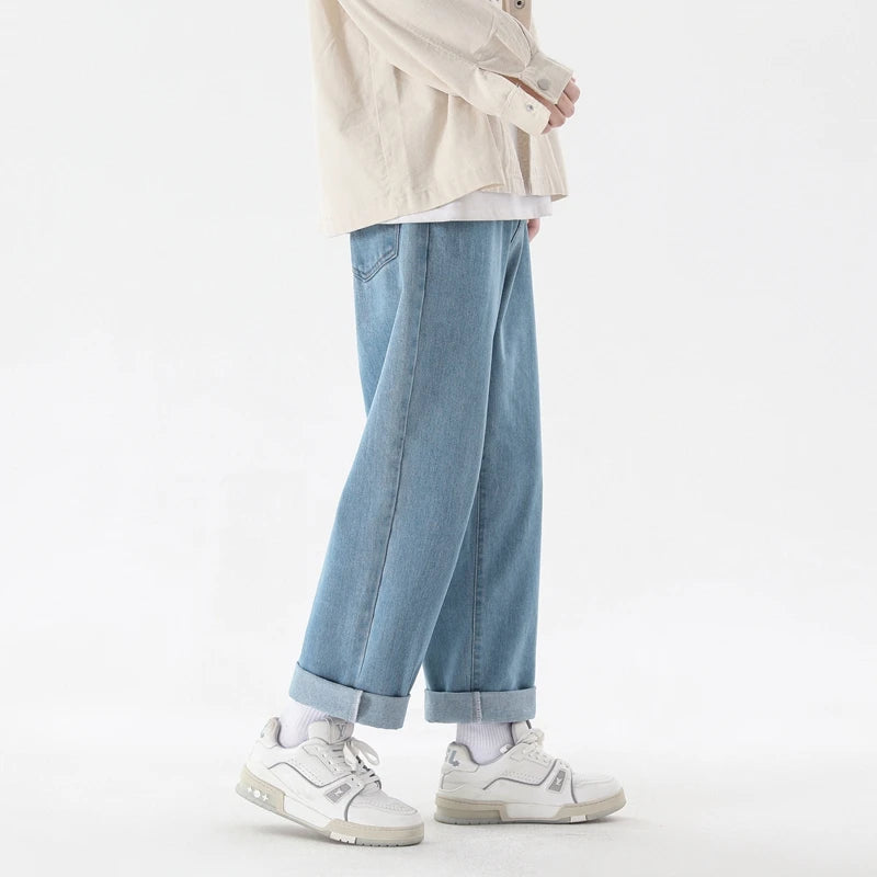 2023 New Korean Fashion Men's Casual Ankle-Length Jeans Classic Man Straight Denim Wide-leg Pants Light Blue Grey Black 3XL