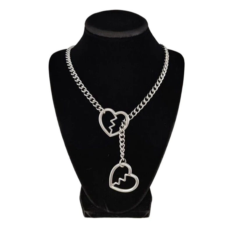 Heart O-ring Slip Chain For Women Punk Rock Necklace Stainless Steel Cuban Long Necklace Trendy Simple Adjustable Y-Necklace