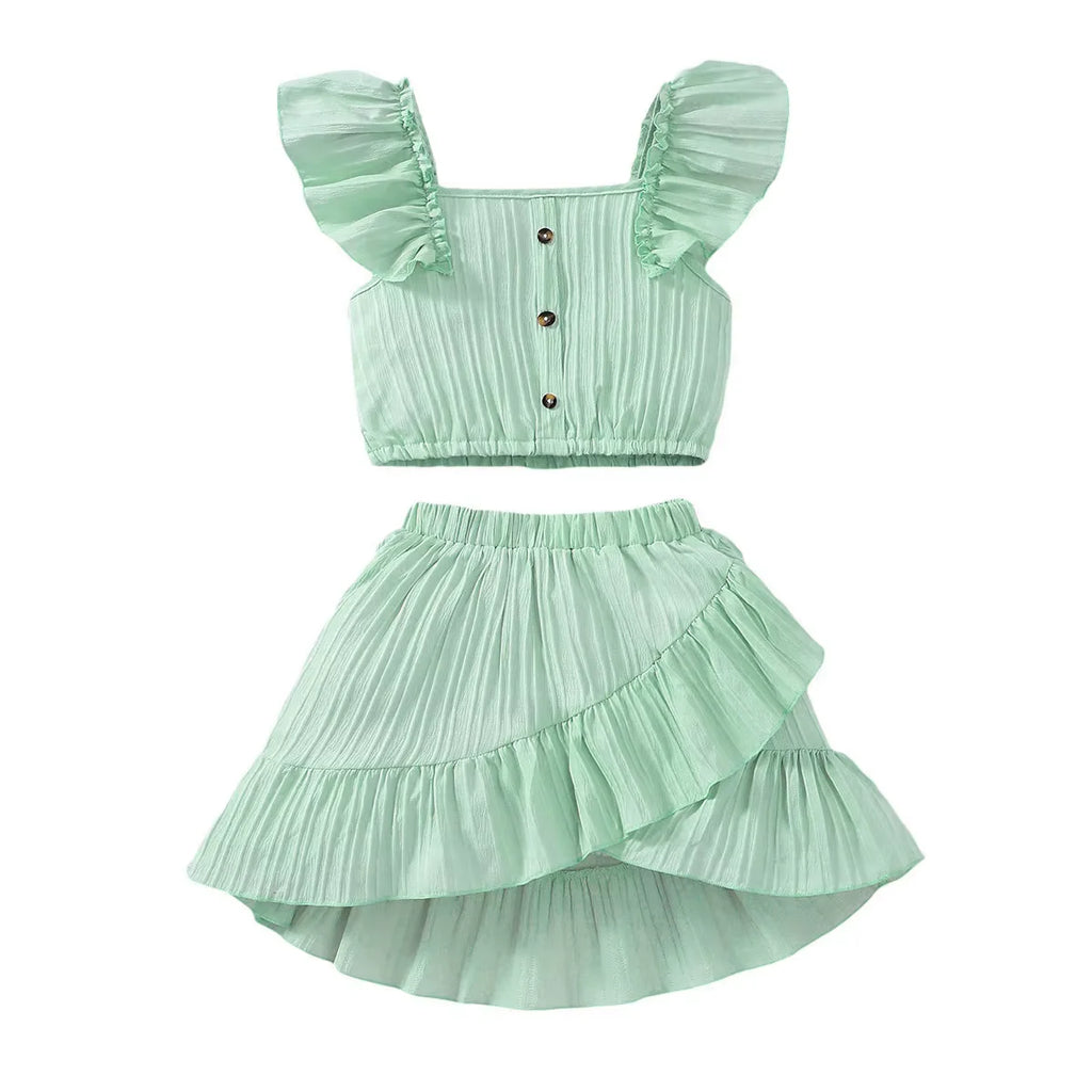 Kid Girls Summer Princess Clothing Set Flutter Sleeve Plain Color Tops+Short Skirt Sweet Style Party Wear For Child 8-12 Years