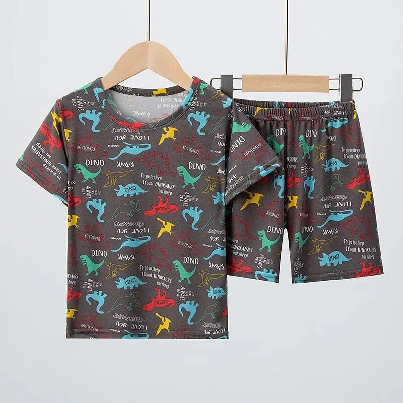2 Pcs Summer Children's Fun Printed Shorts Short Sleeve Suit Boy Colorful Dinosaur Top Girl Sweet And Lovely Elastic Waist Short
