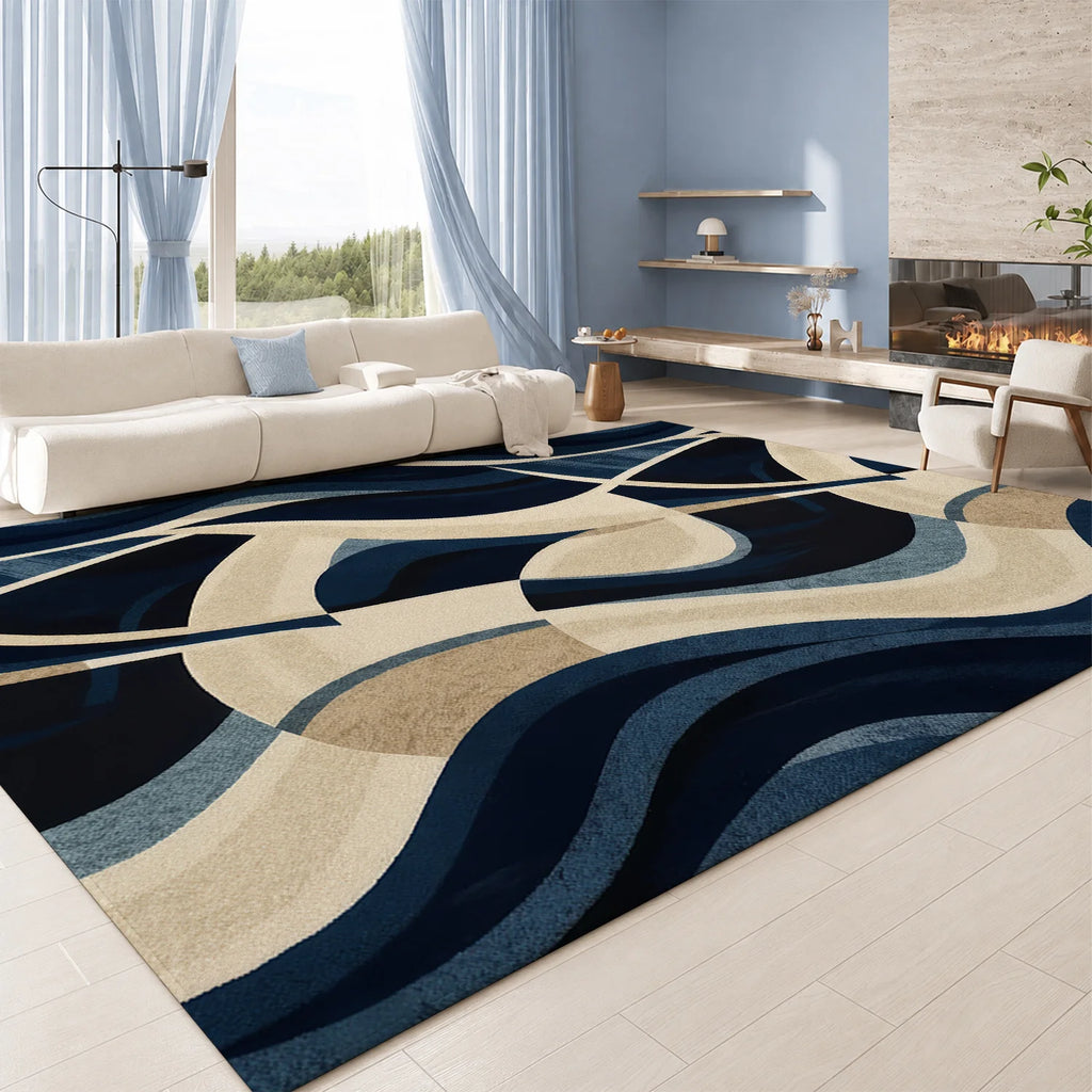 Large Indoor Area Rug, Soft Velvet Low Pile, Non-slip Dotted Backing, Machine Washable, Abstract Wavy Navy & Beige Pattern for Living Room and Bedroom
