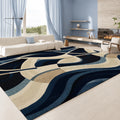 Large Indoor Area Rug, Soft Velvet Low Pile, Non-slip Dotted Backing, Machine Washable, Abstract Wavy Navy & Beige Pattern for Living Room and Bedroom