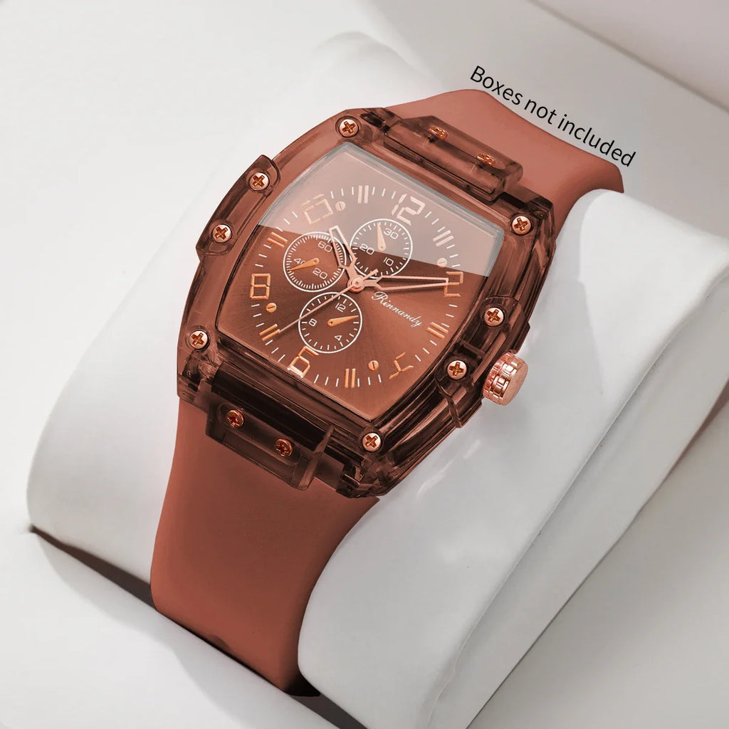 Stylish Women Quartz Watch Brown Silicone Strap Tonneau Dial Students Sports Wristwatches Relogio Feminino（Without Box）
