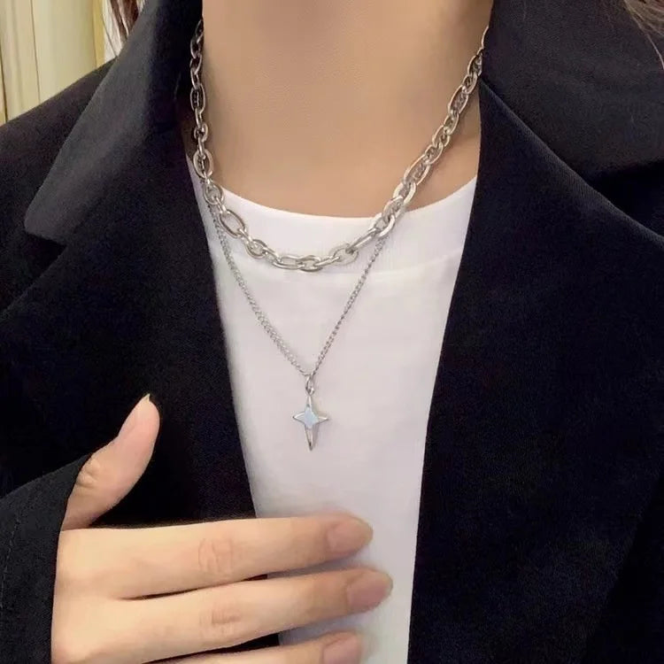 New Design Double Layer Link Chain Cross Star Necklace for Women Man Teens Trendy Punk Hip Hop Stainless Steel Choker