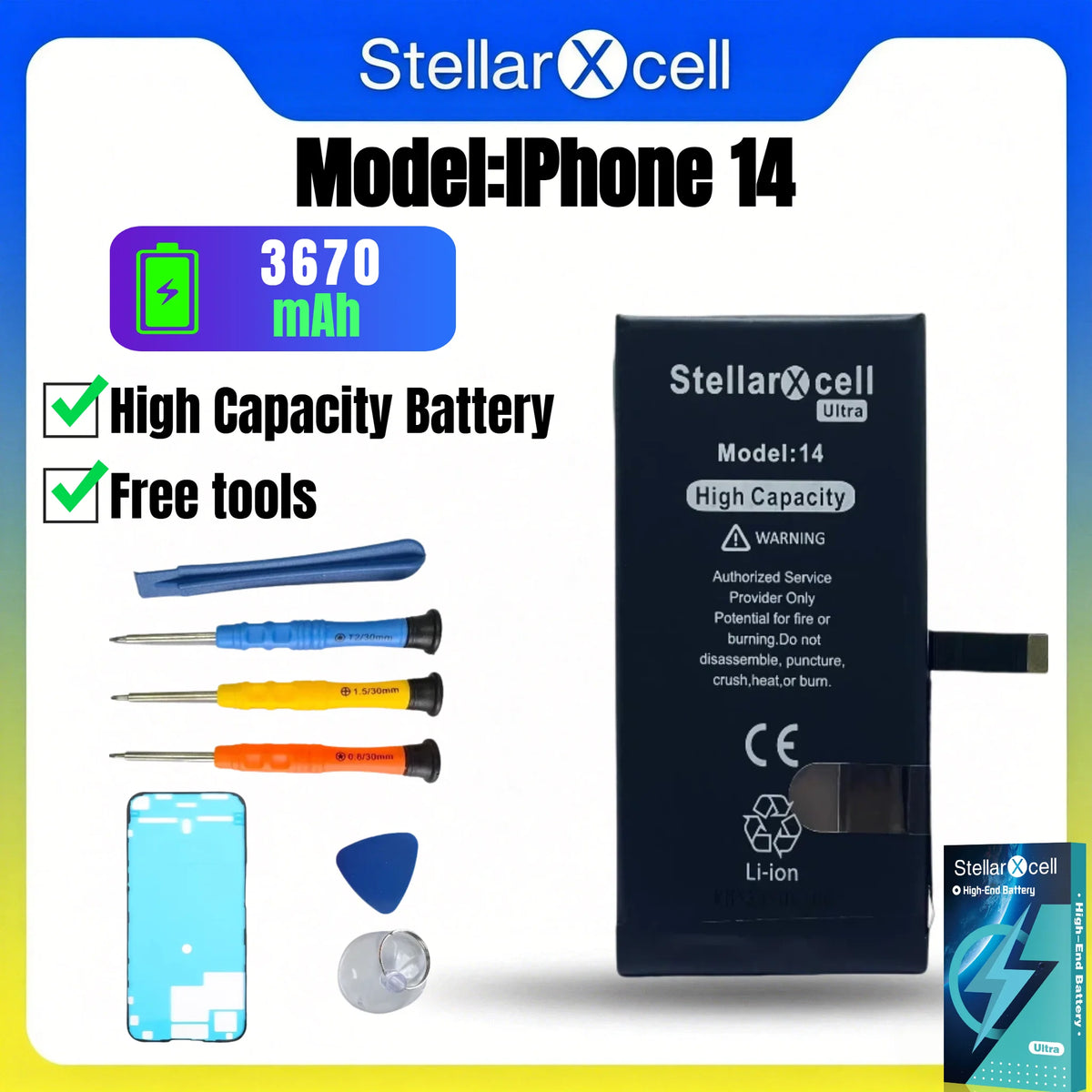 StellarXcell Ultra Original Battery High Capacity Cell for iPhone 7037 TI for 11 12 13 14 15 Pro Plus promax mini with Free Tool