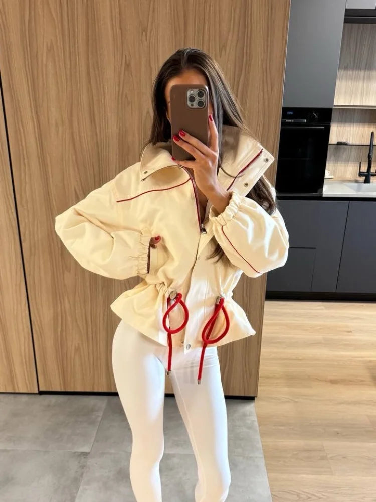 Fashion Drawstring Short Jacket Women Lapel Long Sleeve Single-breasted Slim Coat Spring Autumn Lady Daily Street Outerwear 2026