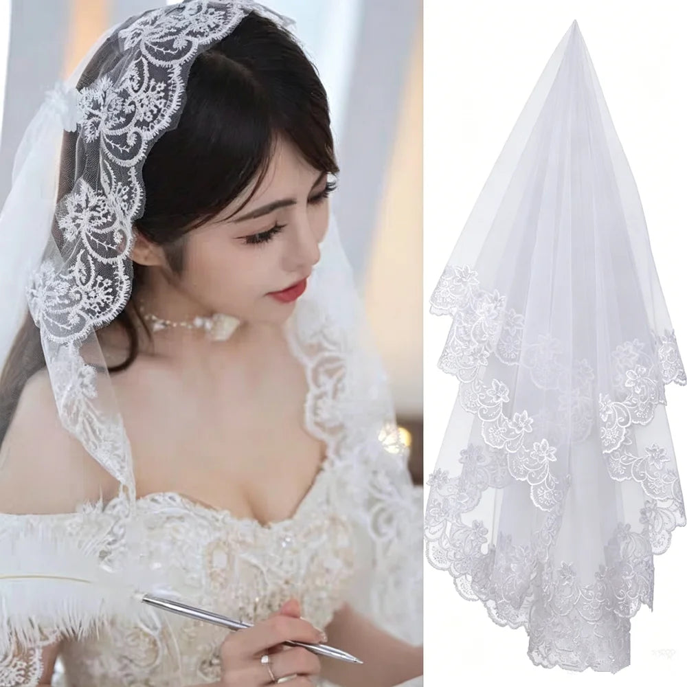 Long White Wedding Veil Elegant Floral Lace Edge Bridal Veils White Wedding Veil Bridal Hair Accessory for Bride Wedding Party