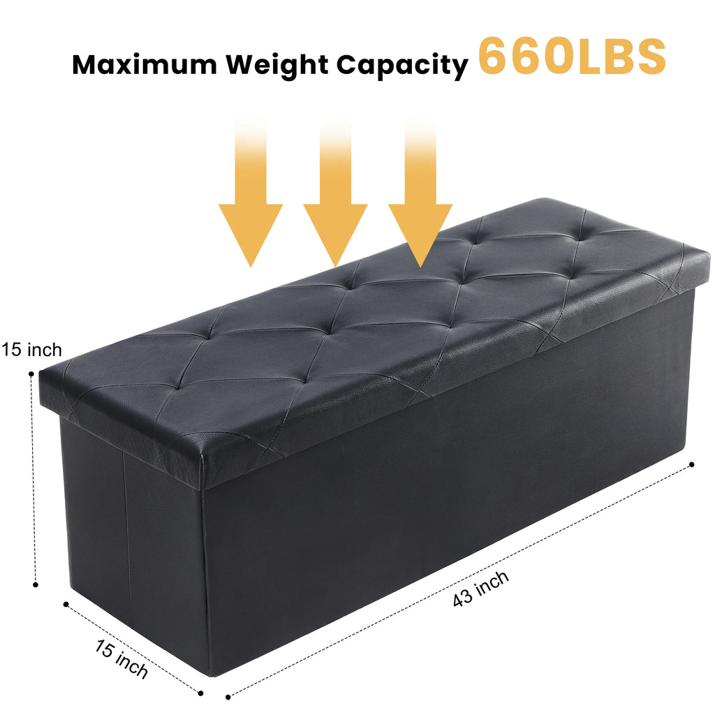 JHK 43 Inches Leather Folding Ottoman Storage Footstool Toy Box Bedroom Bench Load 660 lbs Foot Rest Stool For Living Room