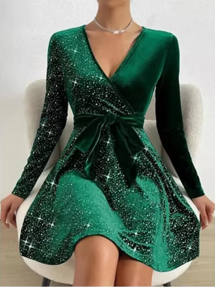 4 Color Sparkling Mini Dress Women's Sexy A-Line Long Sleeved Dress Spring Autumn Party Solid Color Dresses New Year