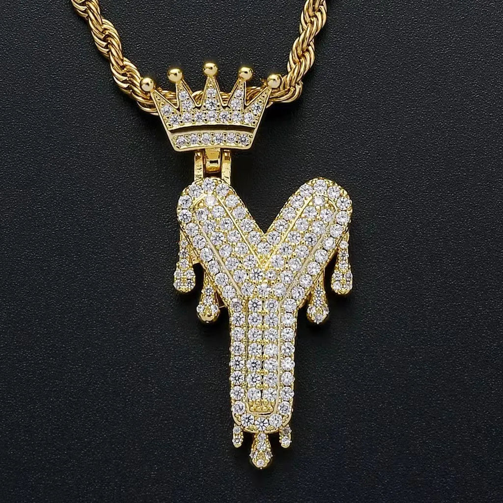 Hip Hop Iced Out Bling Cubic A-Z Drip Crown Zircon Initial Letters Necklaces Pendant Necklace Chain Men Jewelry with Rope Chain
