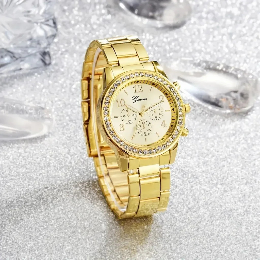 Newest 5 PCS Set Gold Watch Women Luxury Ring Necklace Earrings Rhinestone Fashion Wristwatch Female Casual Watches Bracelet Set