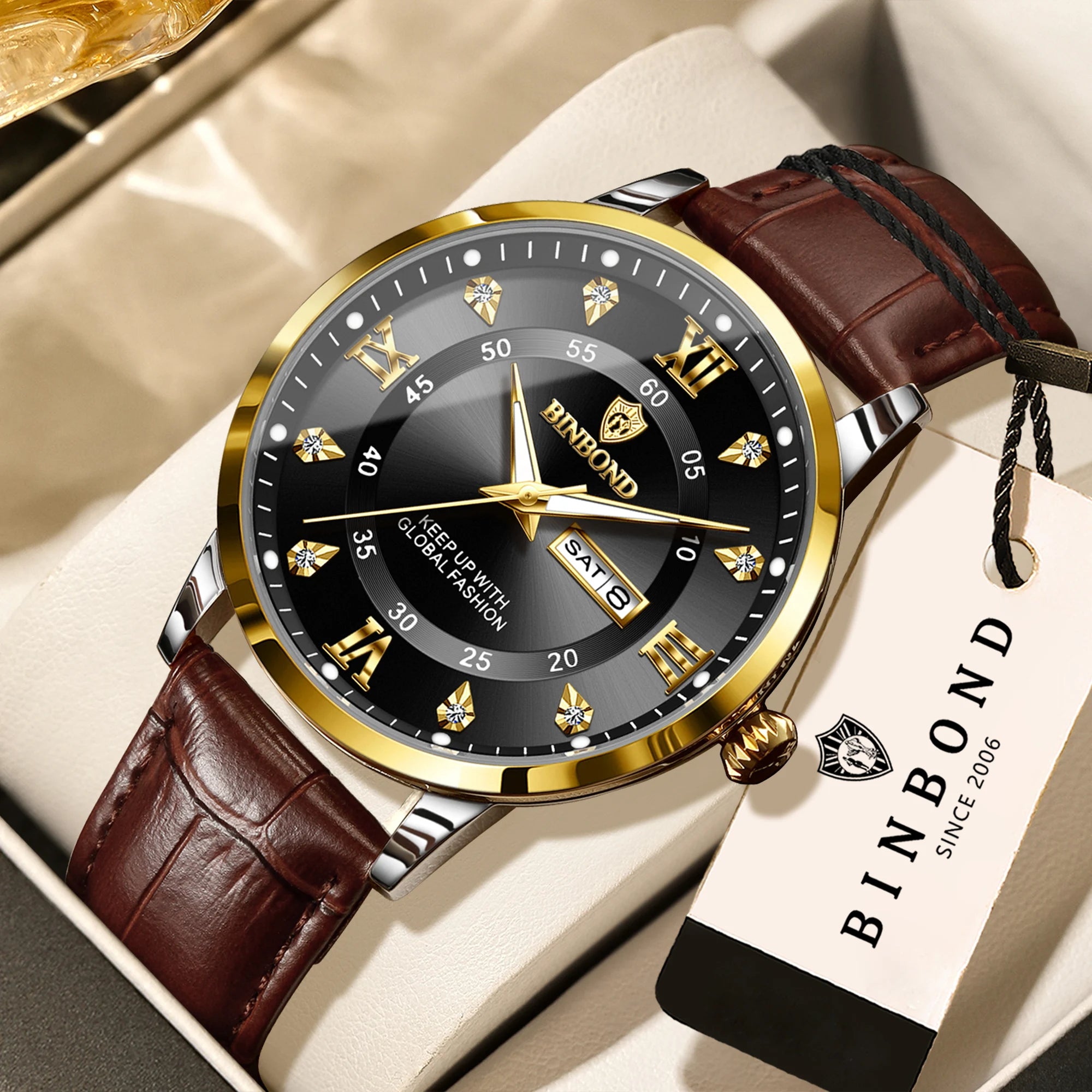 BINBOND quartz watches for men luxury sturdy luminous waterproof auto date week display accurate men's watch business reloj