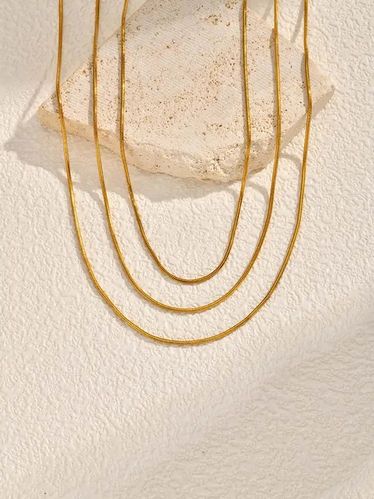 Round Snake Chain Necklace Thin 1mm Waterproof Gold Plated Stainless Steel Multi Layer Summer Beach Choker 16-28 Inches