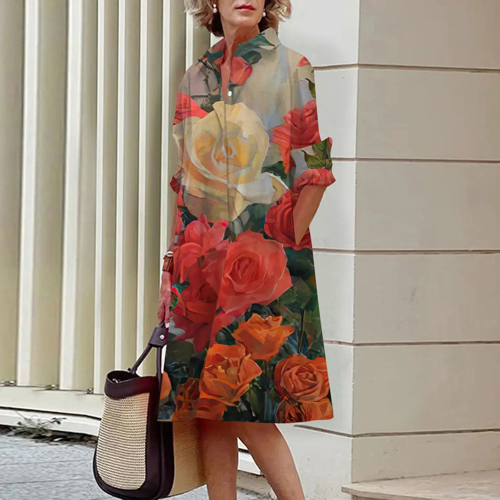 Summer New Women's Dresses Crushed Floral Long Sleeve Lapel Midi Luxury Women's Street Women's Shirt Pocket Temperament 2023