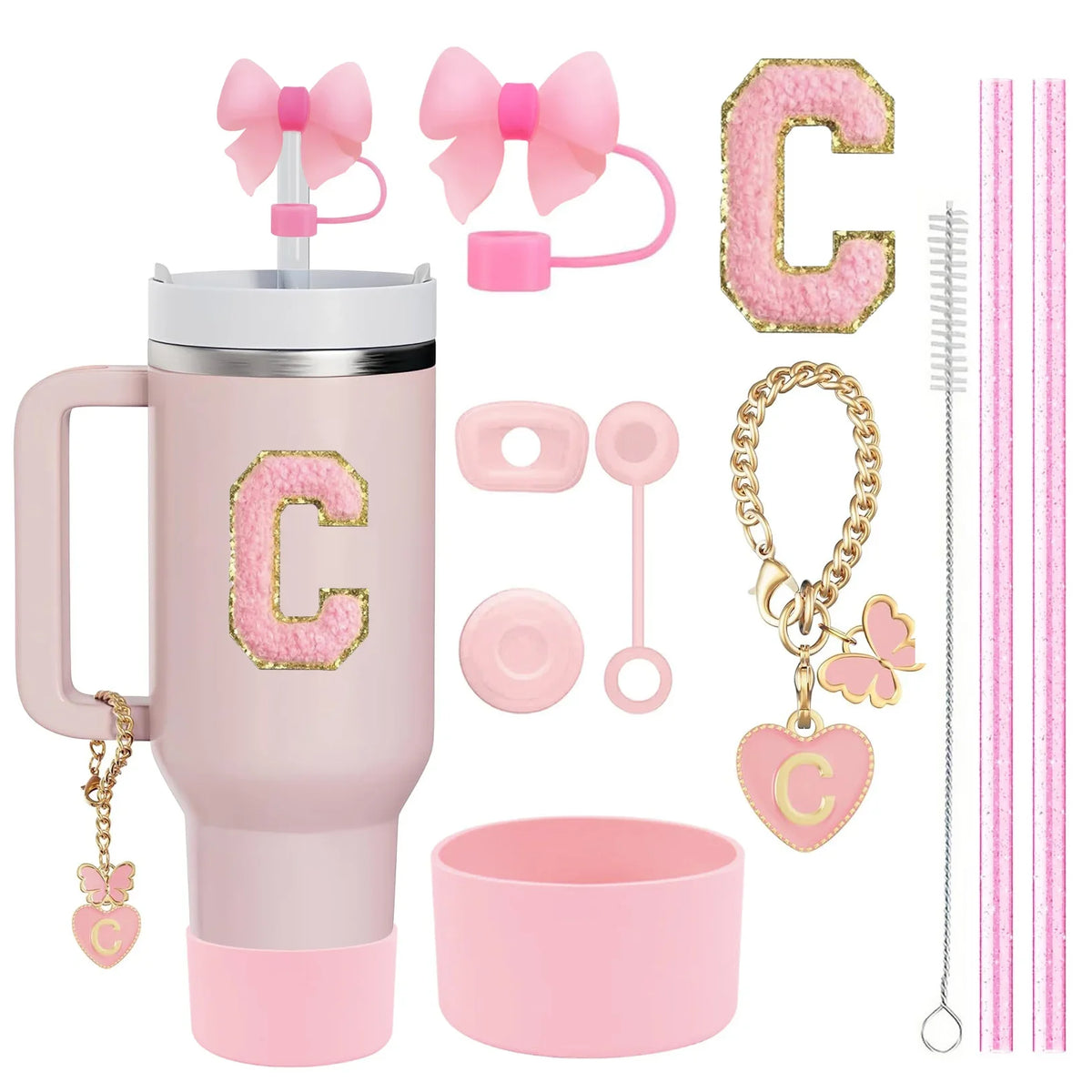 10PCS Accessories Set for Stanley Cup, 2 Straw and Brush and 1 Flower Charm Chain 3 Spill Proof Stopper Flowers Straw Cover Boot