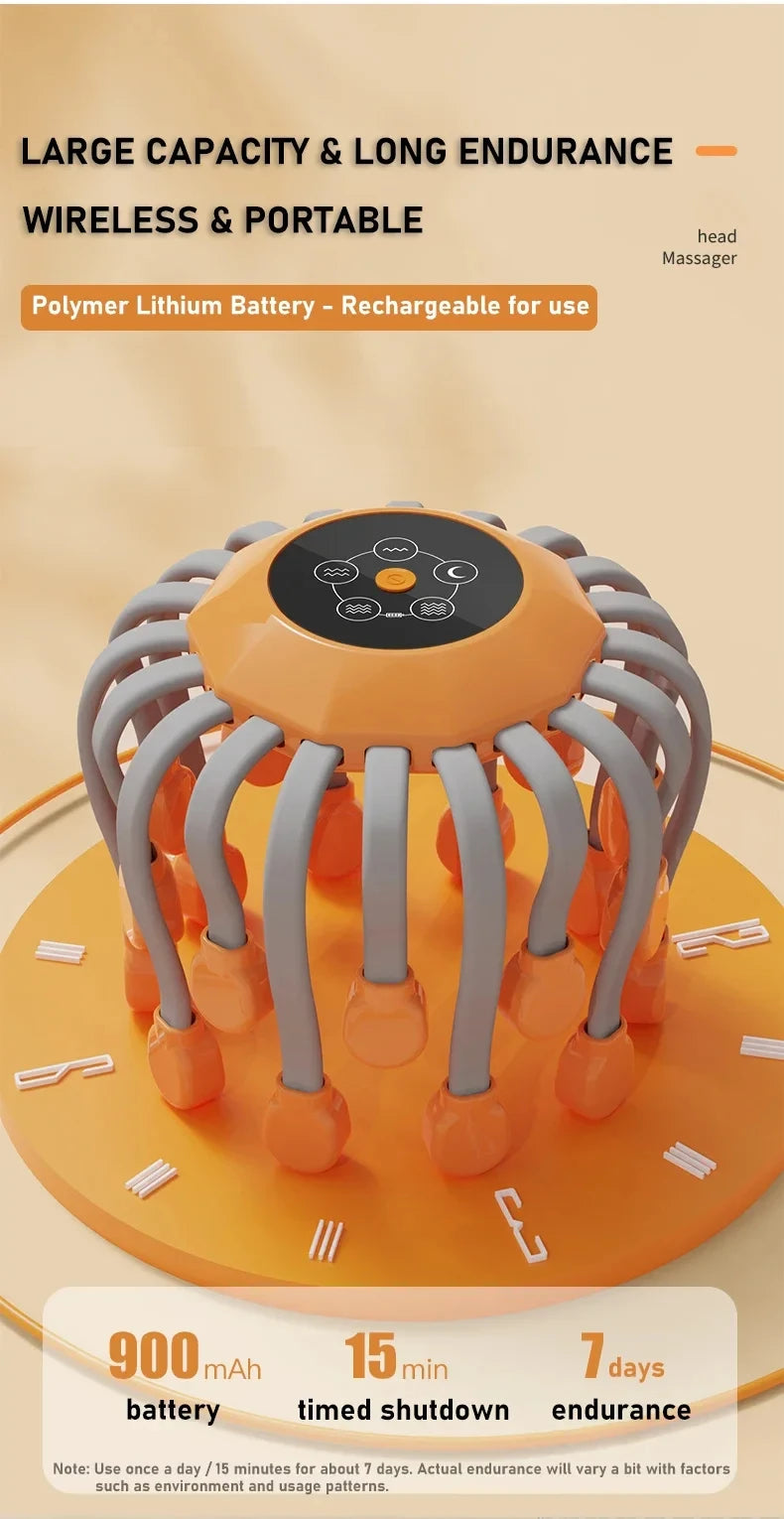 20Massage Heads Orange Scalp Head Massager Red Light Vibrator Octopus Scratcher For Relaxation Stress