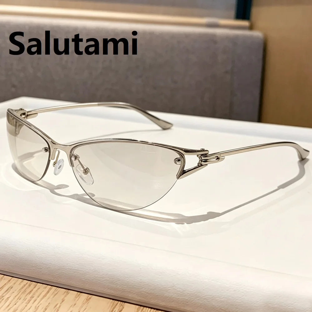 New Silver Y2K Metal Cat Eye Sunglasses Women Fashion Half Frame Clear Gradient Shades UV400 Men Trending Sun Glasses Uv400