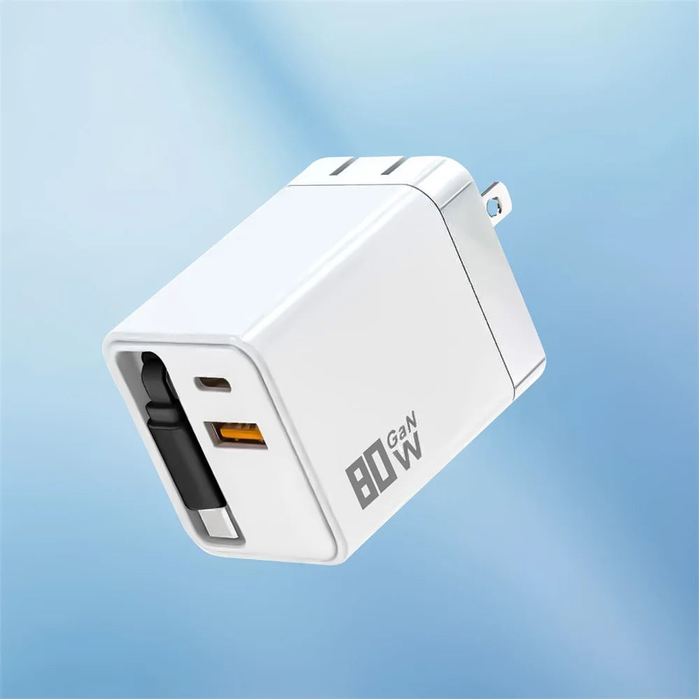 80W GaN USB Type C Charger Fast Charging With Built-in PD Cable USB C Quick Charger EU/US/UK Plug For iPhone 17 16 Xiaomi Huawei