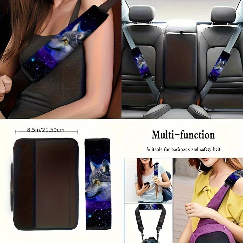 Complete Set of Galaxy Wolf Head Design for Car Interiors, Including Seat Covers, Floor Mats, Steering Wheel Cover, And Armrest