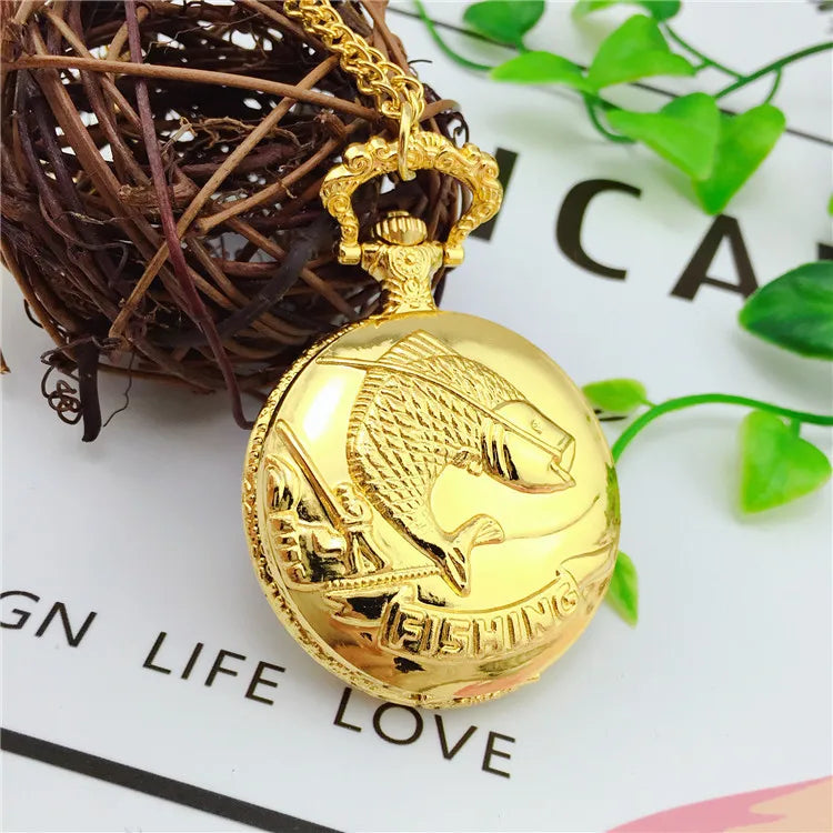 Best Gifts Luxury Gold Quartz Pocket Watch Design Fishes Necklace Pendant Pocket Watch Clock for Mens Womens