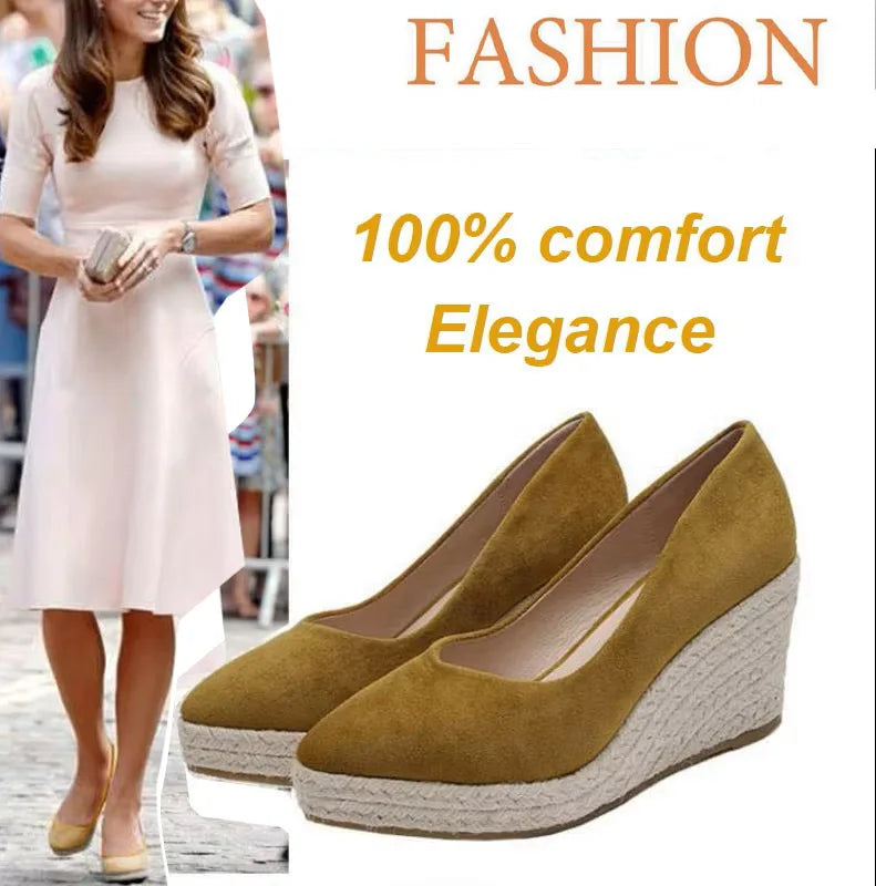 LIHUAMAO Red Suede wedge shoes women pumps pointed toe high heels platform espadrilles shoes princess wedding party