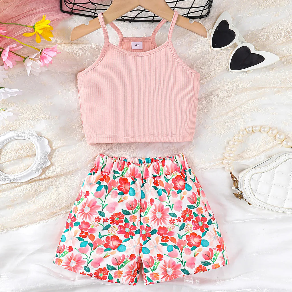 2PCS Summer Children Girl Lovely Clothes Set Pink Sling Short Sleeveless Top+Flower Shorts Daily Casual Wear Kids Girl 4-7 Years