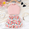 2PCS Summer Children Girl Lovely Clothes Set Pink Sling Short Sleeveless Top+Flower Shorts Daily Casual Wear Kids Girl 4-7 Years