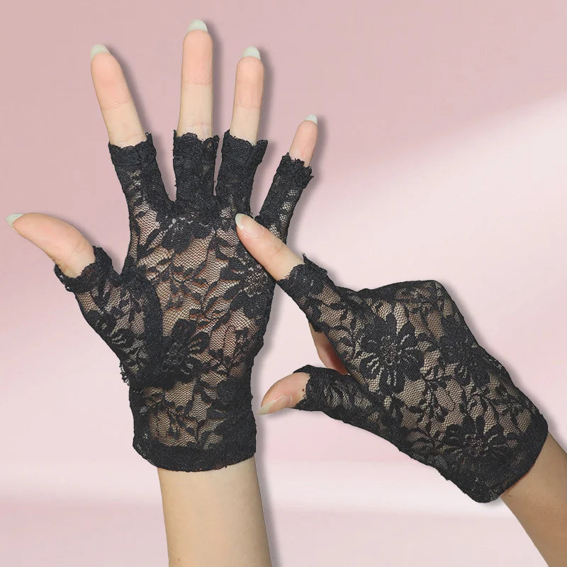 Spring/Summer Women's Thin Lace Flower Gloves Breathable Half Finger Exposed Finger Driving Touchscreen Scar Covering Bridal Glo